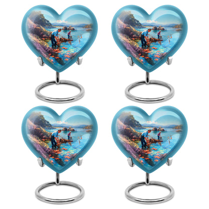 Jewel Teal Fishing Cremation Urn angled view of lid and engraved motif - loving heart memorial featuring fishing pattern - 10 inch aluminum urn for cremated remains