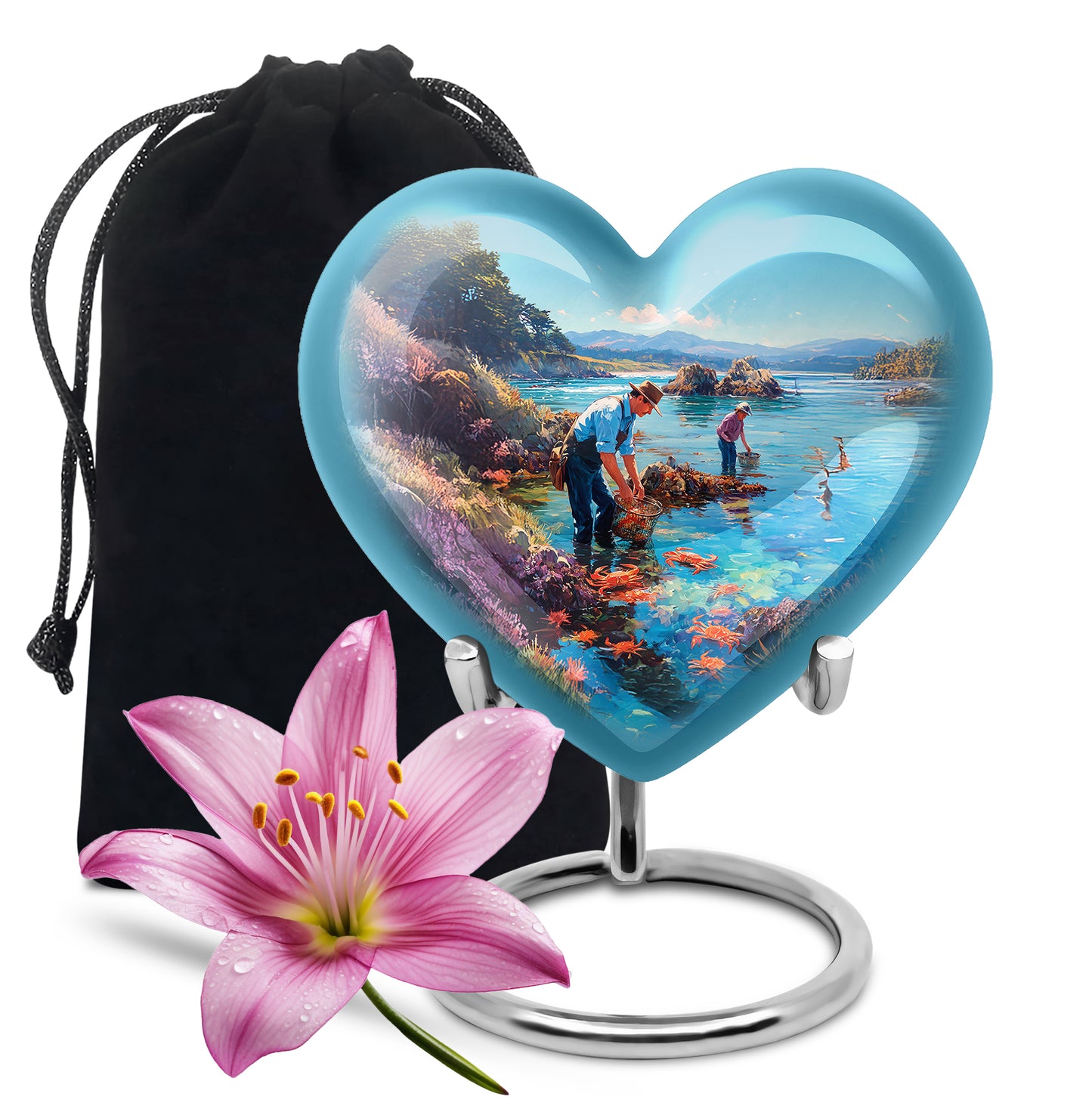 Jewel Teal Fishing Cremation Urn detail view - heart-shaped fishing design symbolizing eternal love - full-size 10 inch 200 cubic inch adult cremation urn