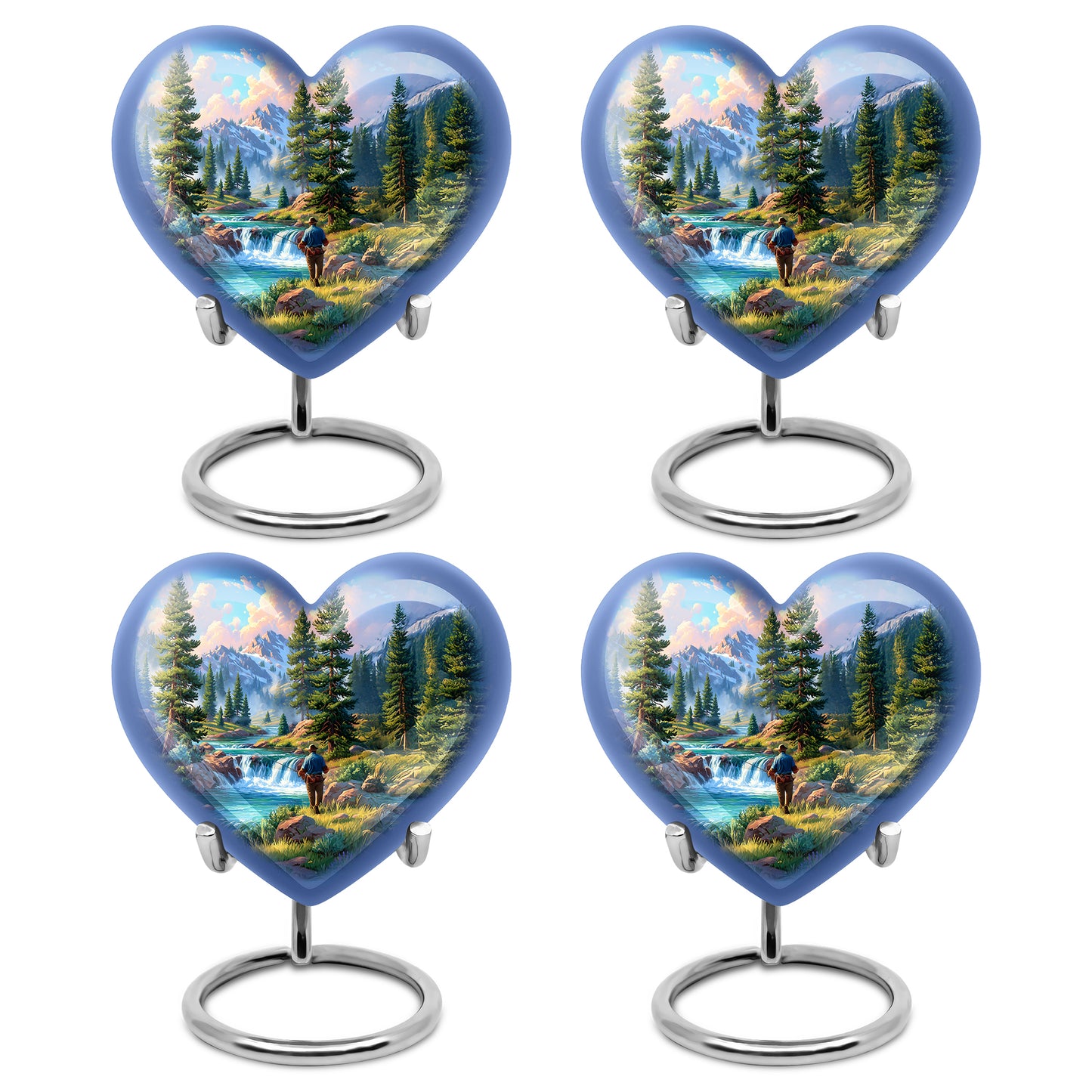 Icy Blue Fishing Cremation Urn angled view of lid and engraved motif - loving heart memorial featuring fishing pattern - 10 inch aluminum urn for cremated remains