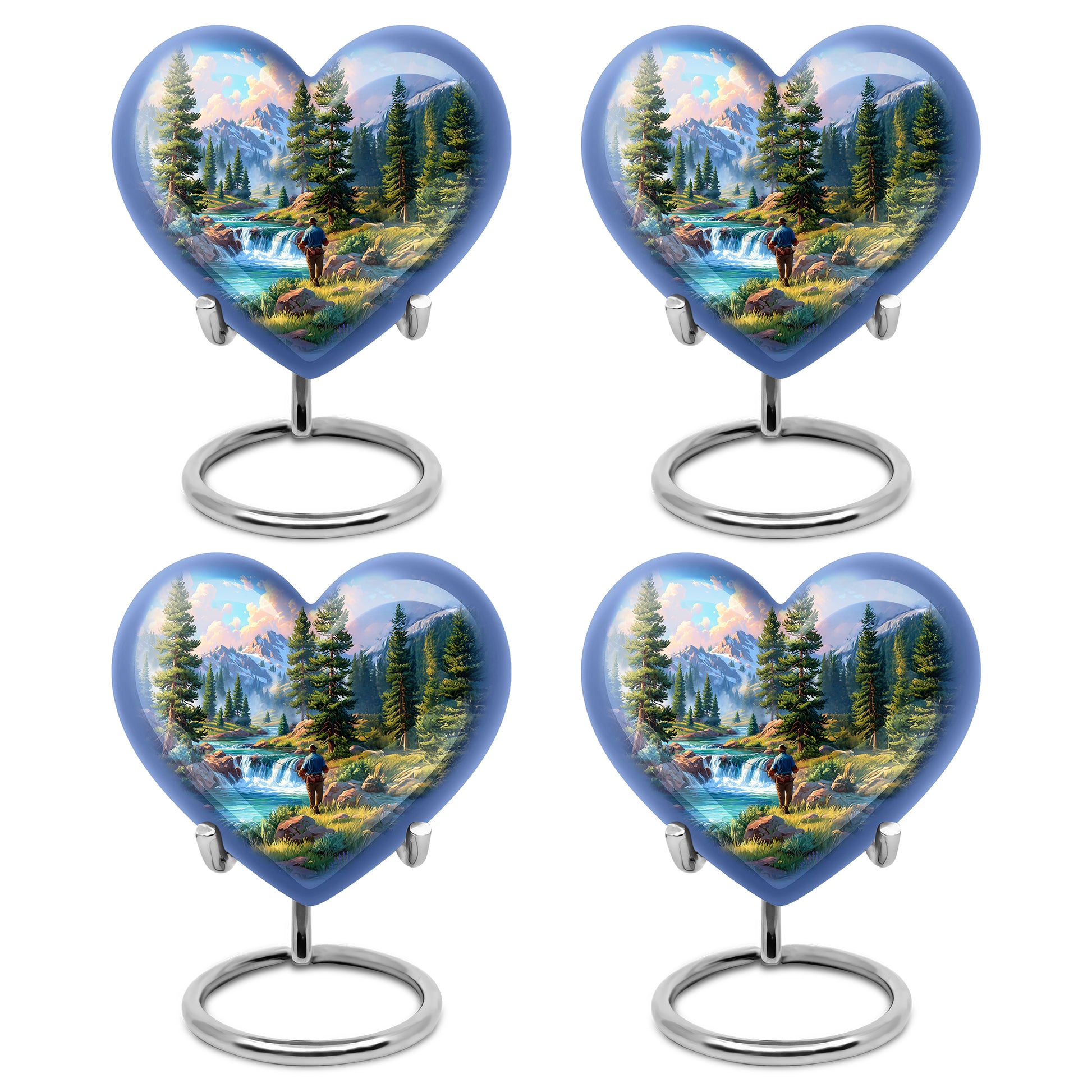 Icy Blue Fishing Cremation Urn angled view of lid and engraved motif - loving heart memorial featuring fishing pattern - 10 inch aluminum urn for cremated remains