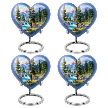 Icy Blue Fishing Cremation Urn angled view of lid and engraved motif - loving heart memorial featuring fishing pattern - 10 inch aluminum urn for cremated remains