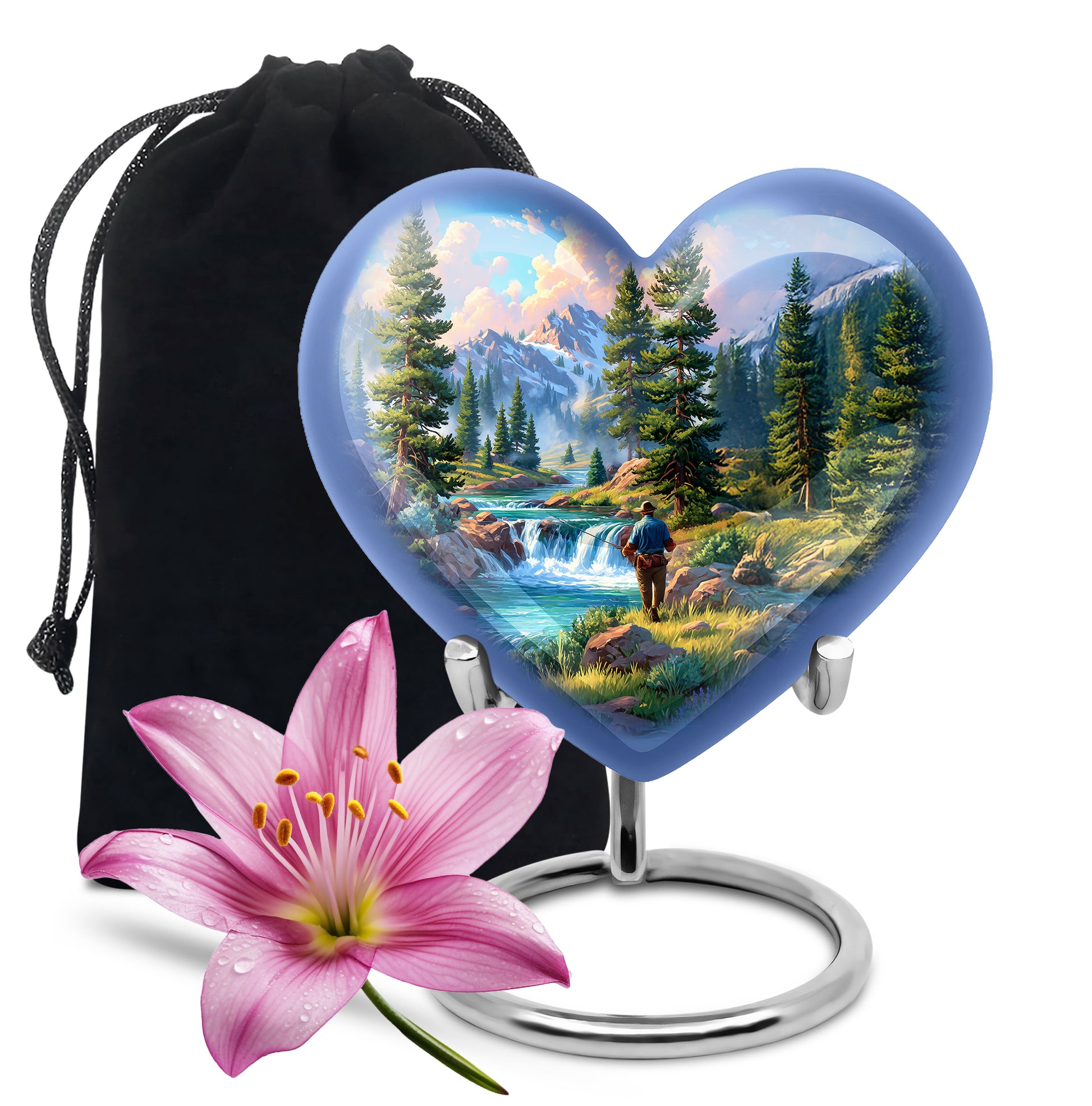 Cobalt Blue Fishing Cremation Urn detail view - romantic heart urn with fishing motif on aluminum - full-size 10 inch 200 cubic inch adult cremation urn