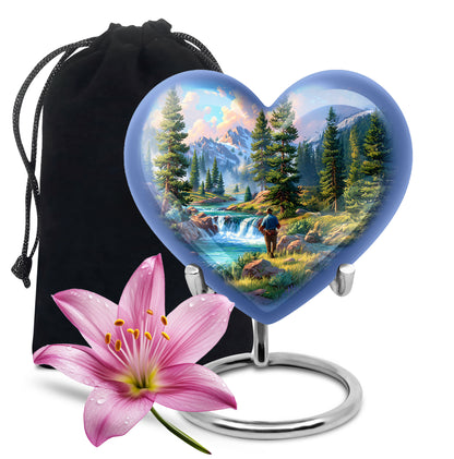 Cobalt Blue Fishing Cremation Urn detail view - romantic heart urn with fishing motif on aluminum - full-size 10 inch 200 cubic inch adult cremation urn