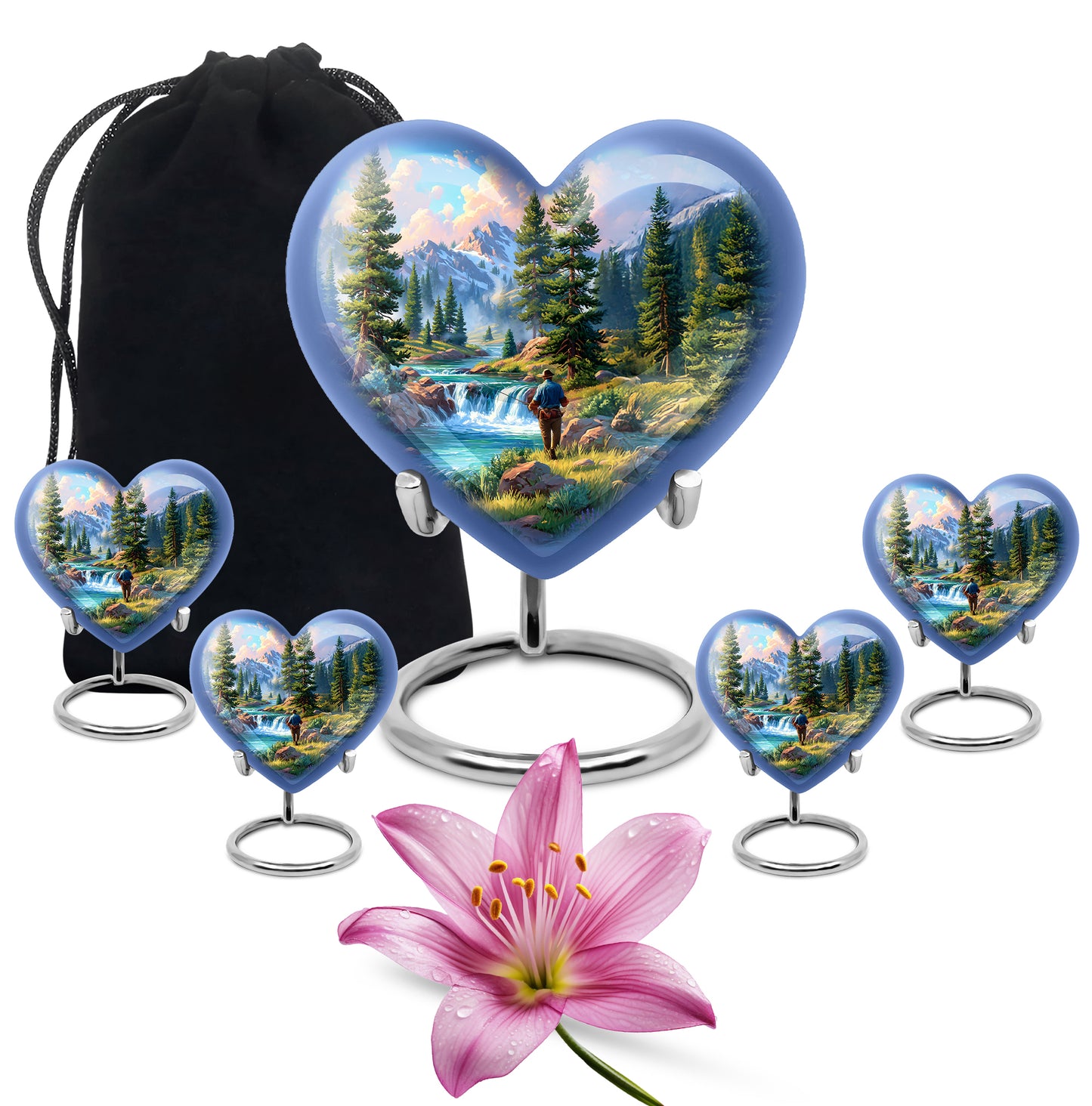 Slate Blue Fishing Cremation Urn close-up of engraving and surface detail - heart-shaped fishing design symbolizing eternal love - memorial set with one large and four small urns