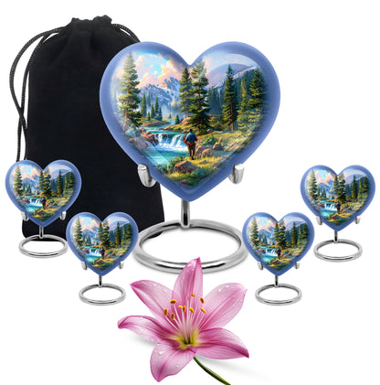 Slate Blue Fishing Cremation Urn close-up of engraving and surface detail - heart-shaped fishing design symbolizing eternal love - memorial set with one large and four small urns