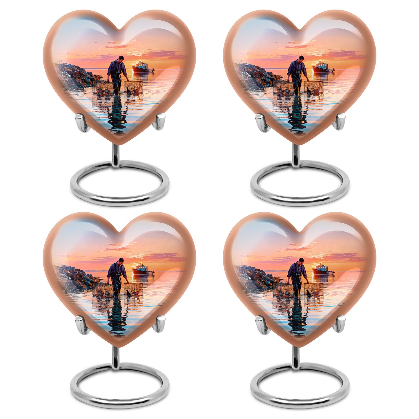 Sky Blue Fishing Cremation Urn angled view of lid and engraved motif - heart-shaped fishing design symbolizing eternal love - 10 inch aluminum urn for cremated remains