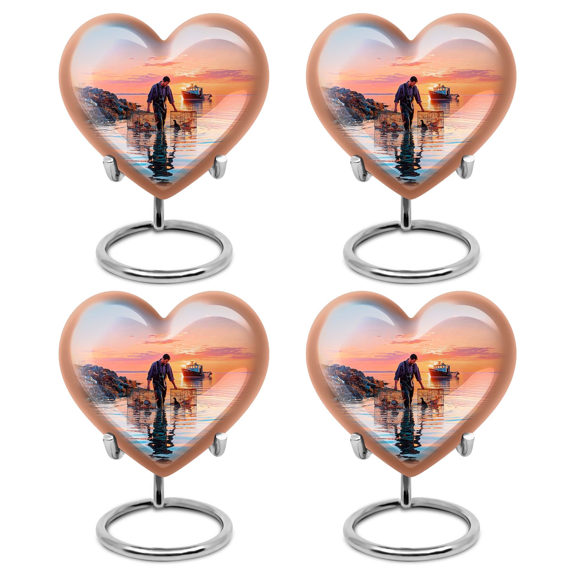 Sky Blue Fishing Cremation Urn angled view of lid and engraved motif - heart-shaped fishing design symbolizing eternal love - 10 inch aluminum urn for cremated remains