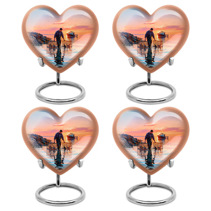 Sky Blue Fishing Cremation Urn angled view of lid and engraved motif - heart-shaped fishing design symbolizing eternal love - 10 inch aluminum urn for cremated remains