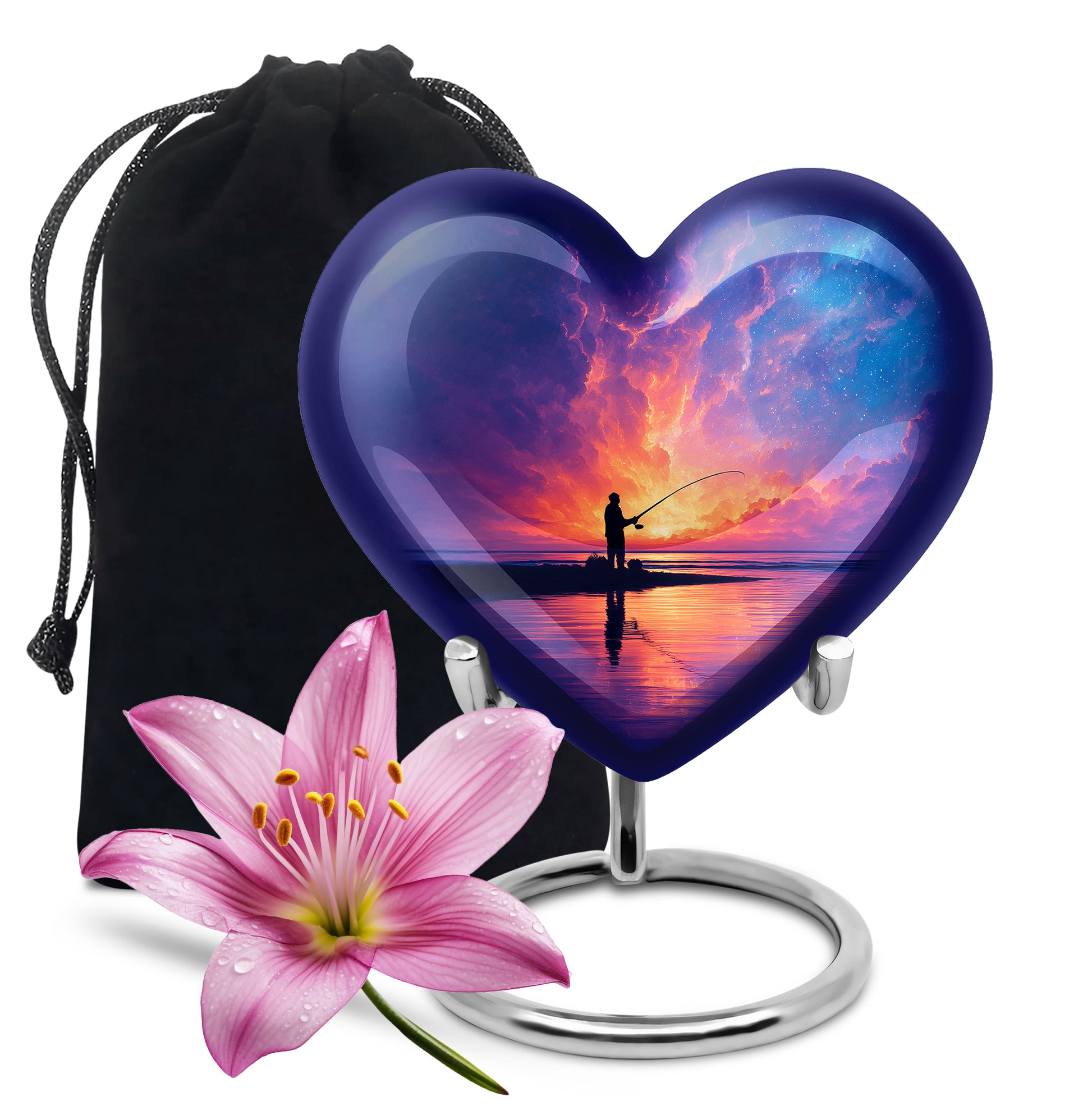 Indigo Fishing Cremation Urn detail view - loving heart memorial featuring fishing pattern - full-size 10 inch 200 cubic inch adult cremation urn