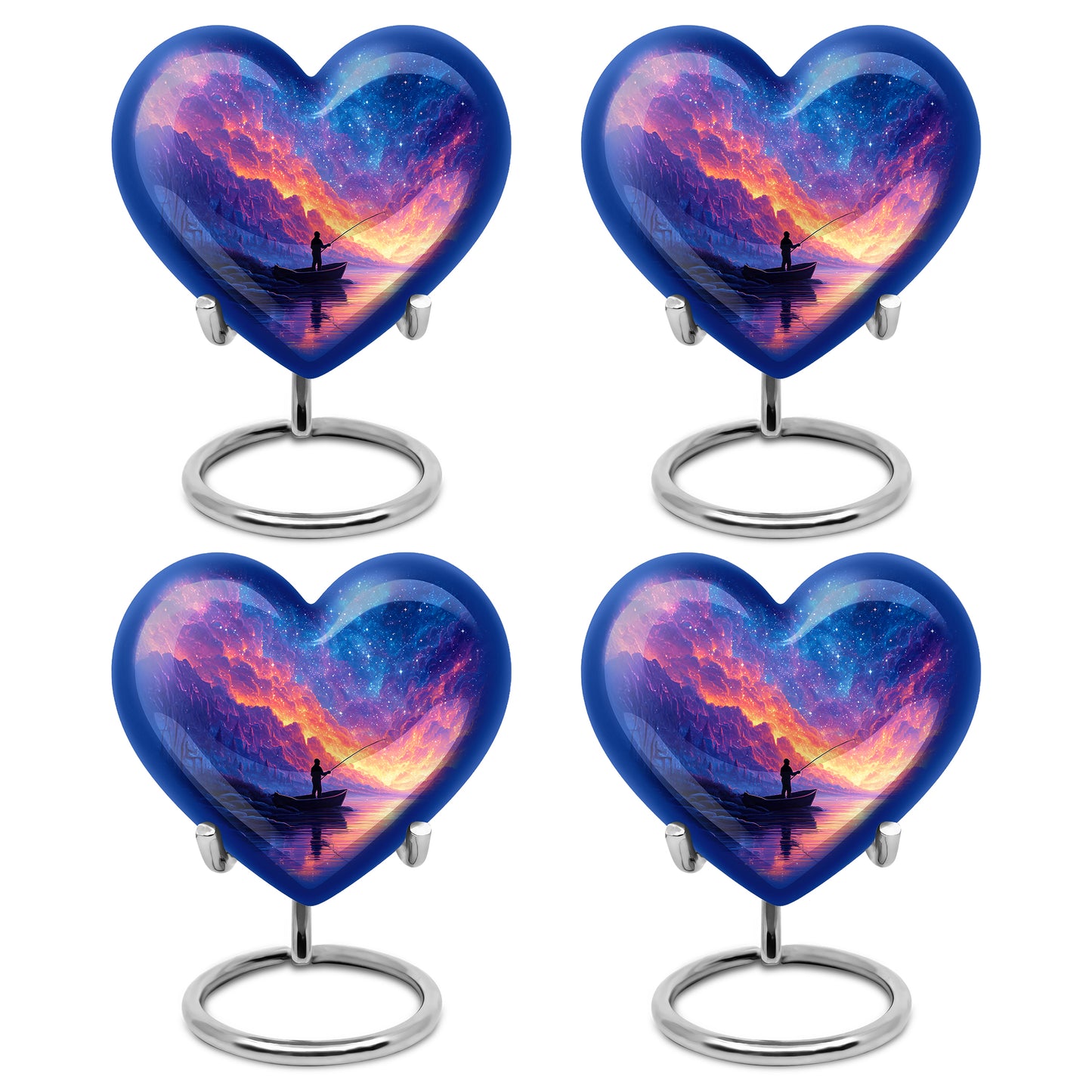 Misty Blue Fishing Cremation Urn angled view of lid and engraved motif - loving heart memorial featuring fishing pattern - 10 inch aluminum urn for cremated remains
