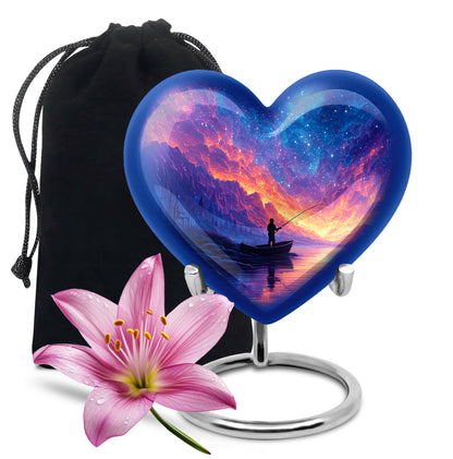 Calming Blue Fishing Cremation Urn detail view - compassionate heart-fishing combination with gentle curves - full-size 10 inch 200 cubic inch adult cremation urn