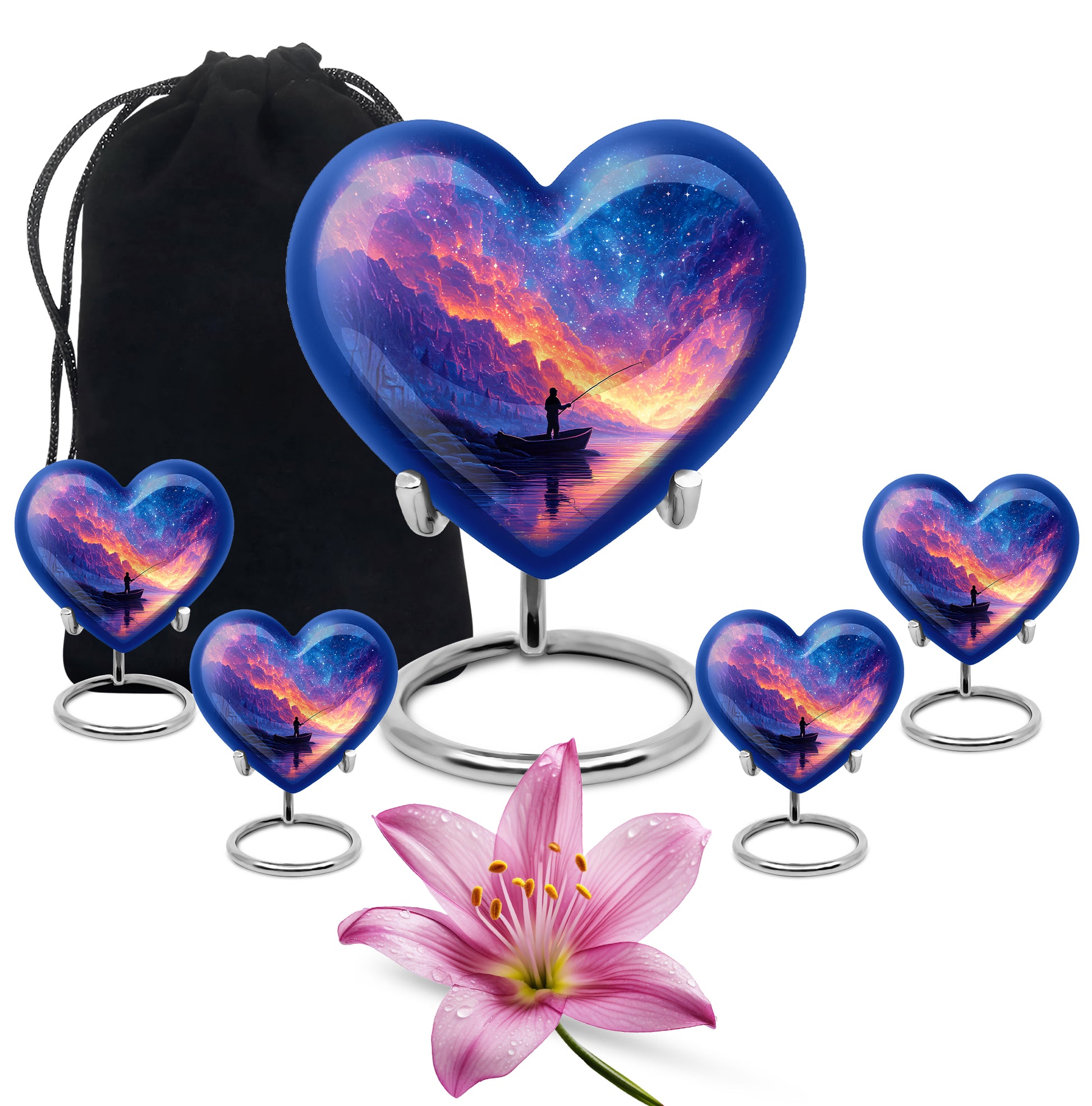 Bright Blue Fishing Cremation Urn close-up of engraving and surface detail - romantic heart urn with fishing motif on aluminum - memorial set with one large and four small urns