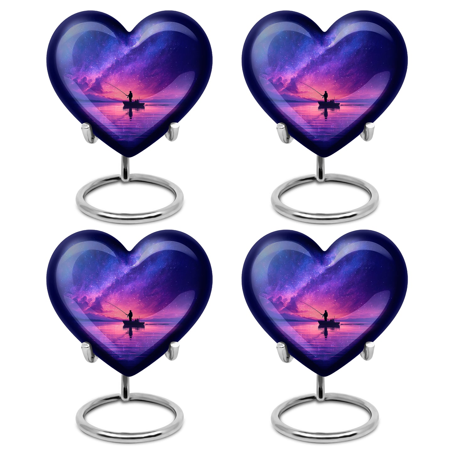 Cornflower Blue Fishing Cremation Urn angled view of lid and engraved motif - romantic heart urn with fishing motif on aluminum - 10 inch aluminum urn for cremated remains