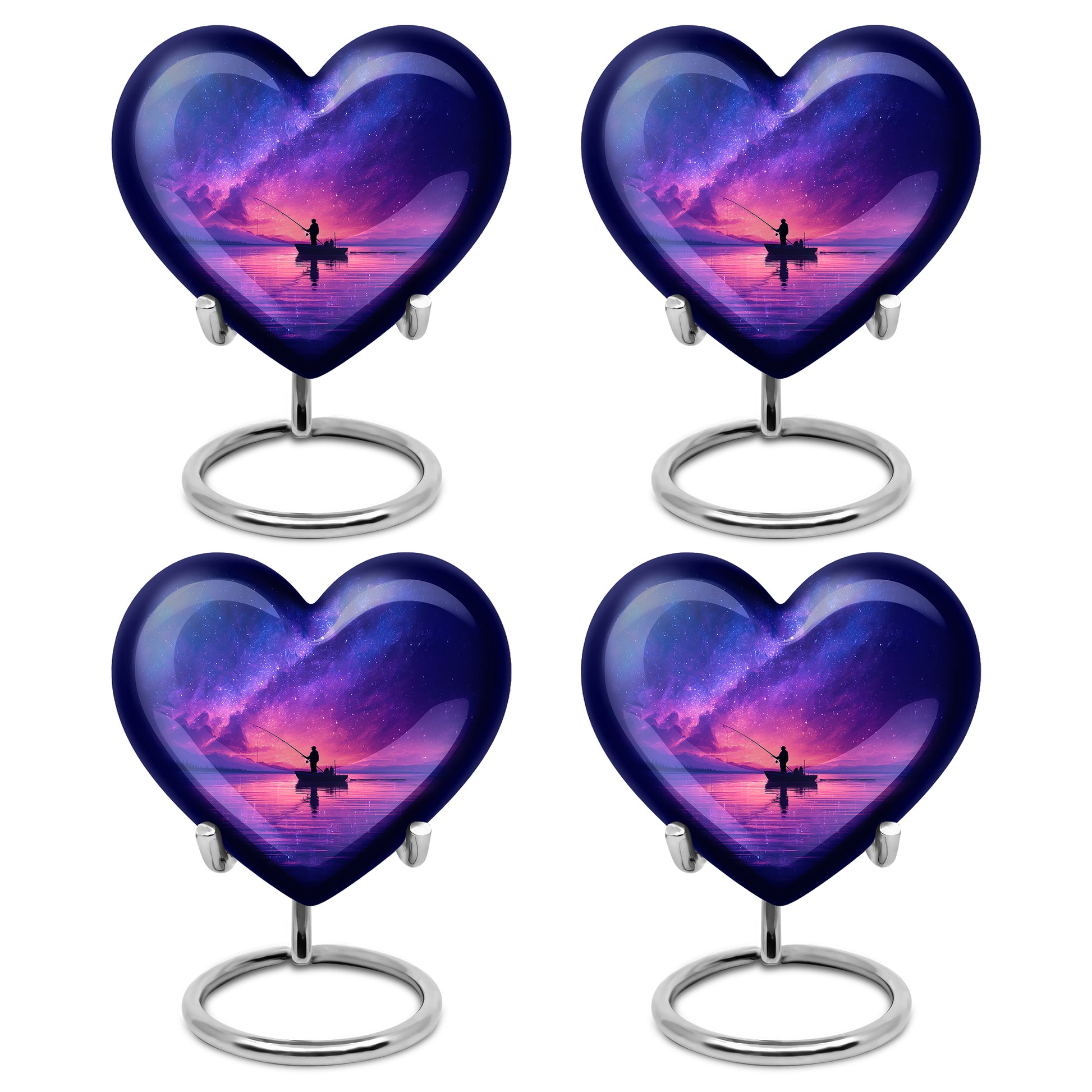 Cornflower Blue Fishing Cremation Urn angled view of lid and engraved motif - romantic heart urn with fishing motif on aluminum - 10 inch aluminum urn for cremated remains