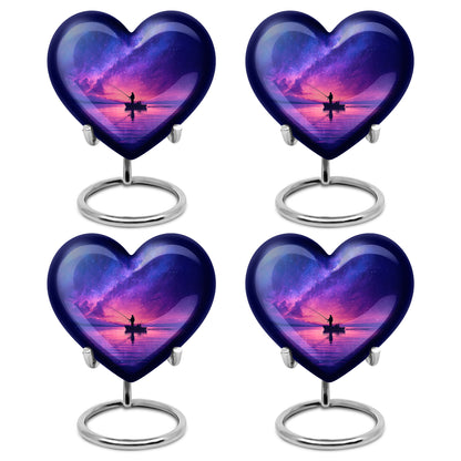 Cornflower Blue Fishing Cremation Urn angled view of lid and engraved motif - romantic heart urn with fishing motif on aluminum - 10 inch aluminum urn for cremated remains