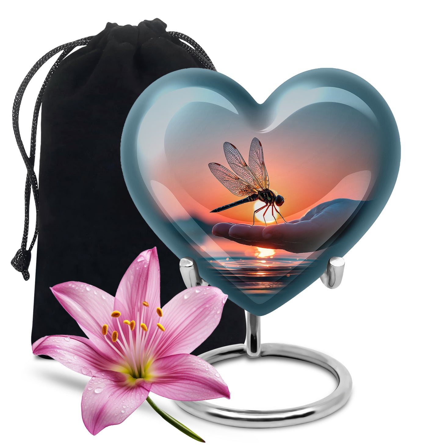 Sky Blue Dragonfly Cremation Urn detail view - heart-shaped dragonfly design symbolizing eternal love - full-size 10 inch 200 cubic inch adult cremation urn