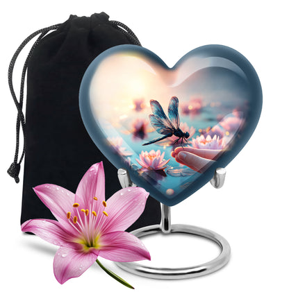 Amber Gold Dragonfly Cremation Urn detail view - heart-shaped dragonfly design symbolizing eternal love - full-size 10 inch 200 cubic inch adult cremation urn