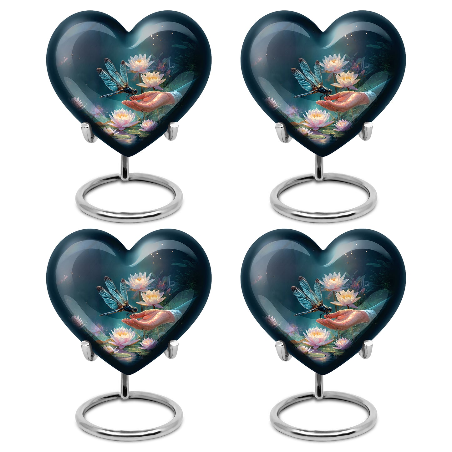 Serene Blue Dragonfly Cremation Urn angled view of lid and engraved motif - compassionate heart-dragonfly combination with gentle curves - 10 inch aluminum urn for cremated remains
