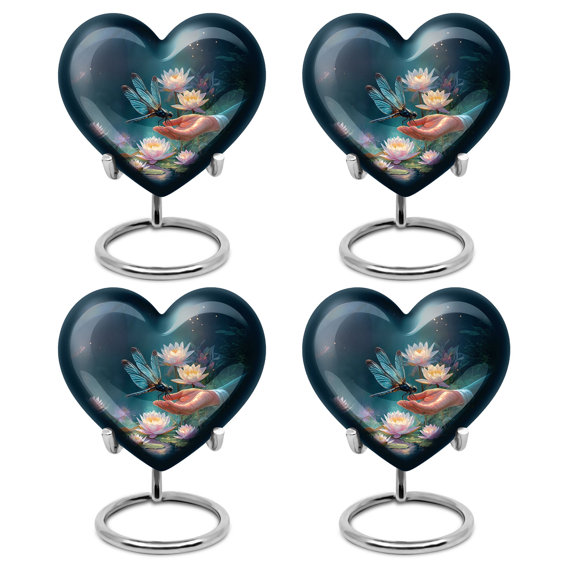 Serene Blue Dragonfly Cremation Urn angled view of lid and engraved motif - compassionate heart-dragonfly combination with gentle curves - 10 inch aluminum urn for cremated remains