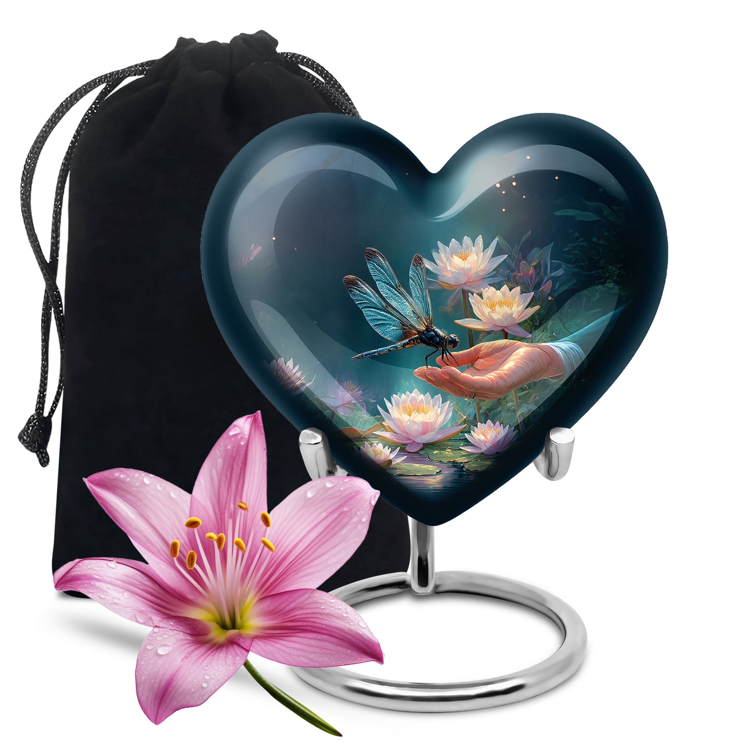 Soft Blue Dragonfly Cremation Urn detail view - romantic heart urn with dragonfly motif on aluminum - full-size 10 inch 200 cubic inch adult cremation urn