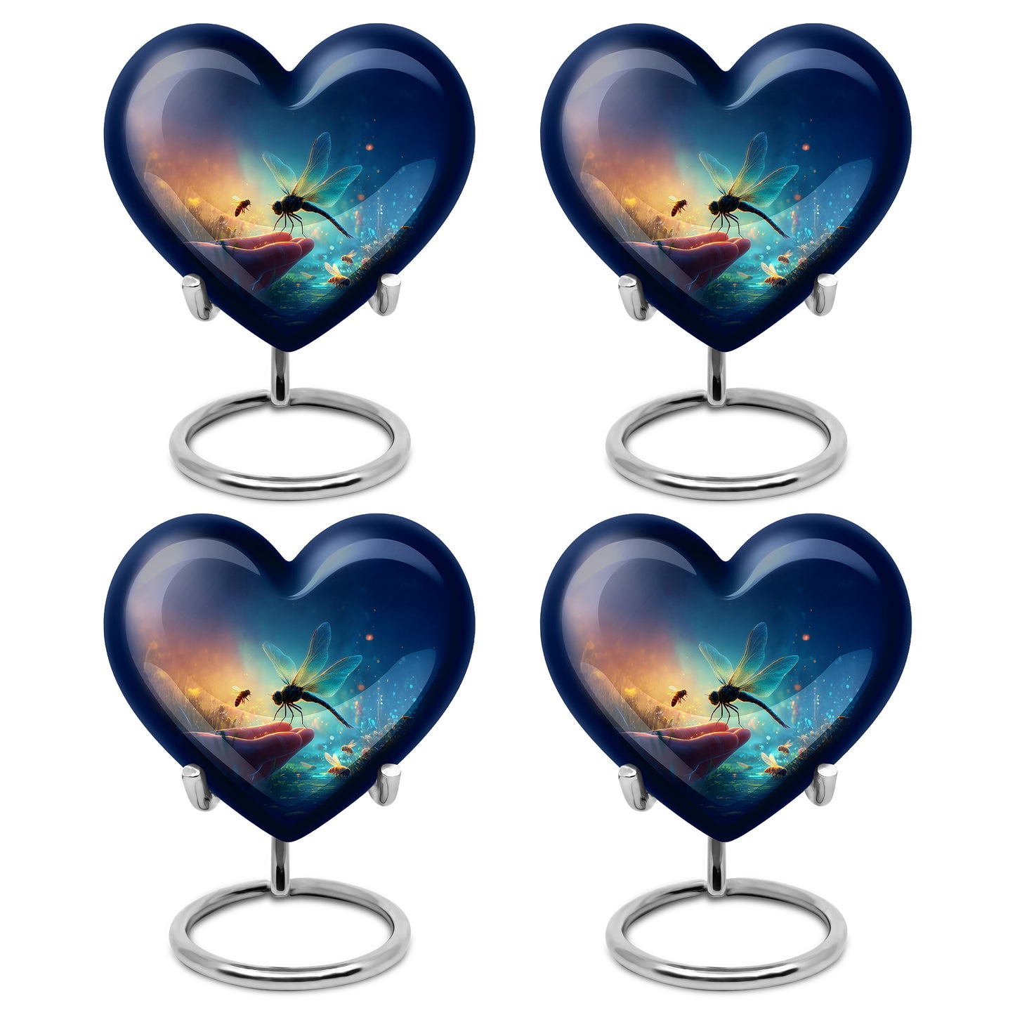 Sky Blue Dragonfly Cremation Urn angled view of lid and engraved motif - loving heart memorial featuring dragonfly pattern - 10 inch aluminum urn for cremated remains