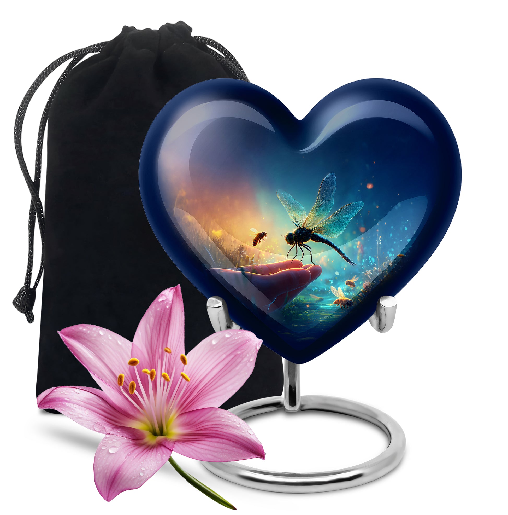 Navy Blue Dragonfly Cremation Urn detail view - heart-shaped dragonfly design symbolizing eternal love - full-size 10 inch 200 cubic inch adult cremation urn