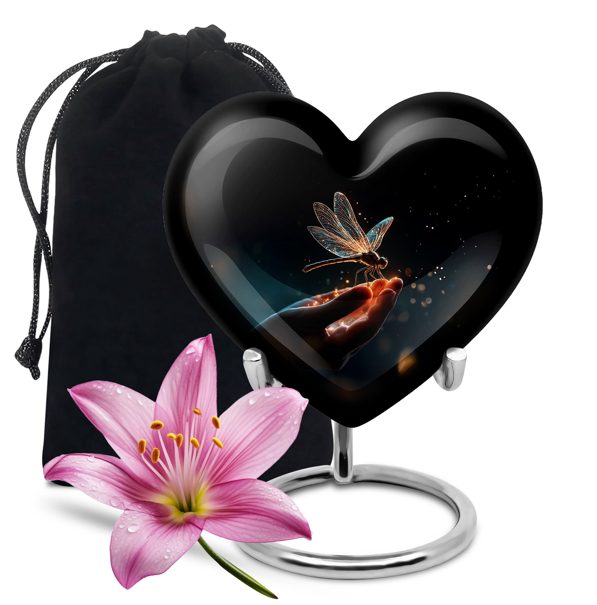 Obsidian Black Dragonfly Cremation Urn detail view - romantic heart urn with dragonfly motif on aluminum - full-size 10 inch 200 cubic inch adult cremation urn