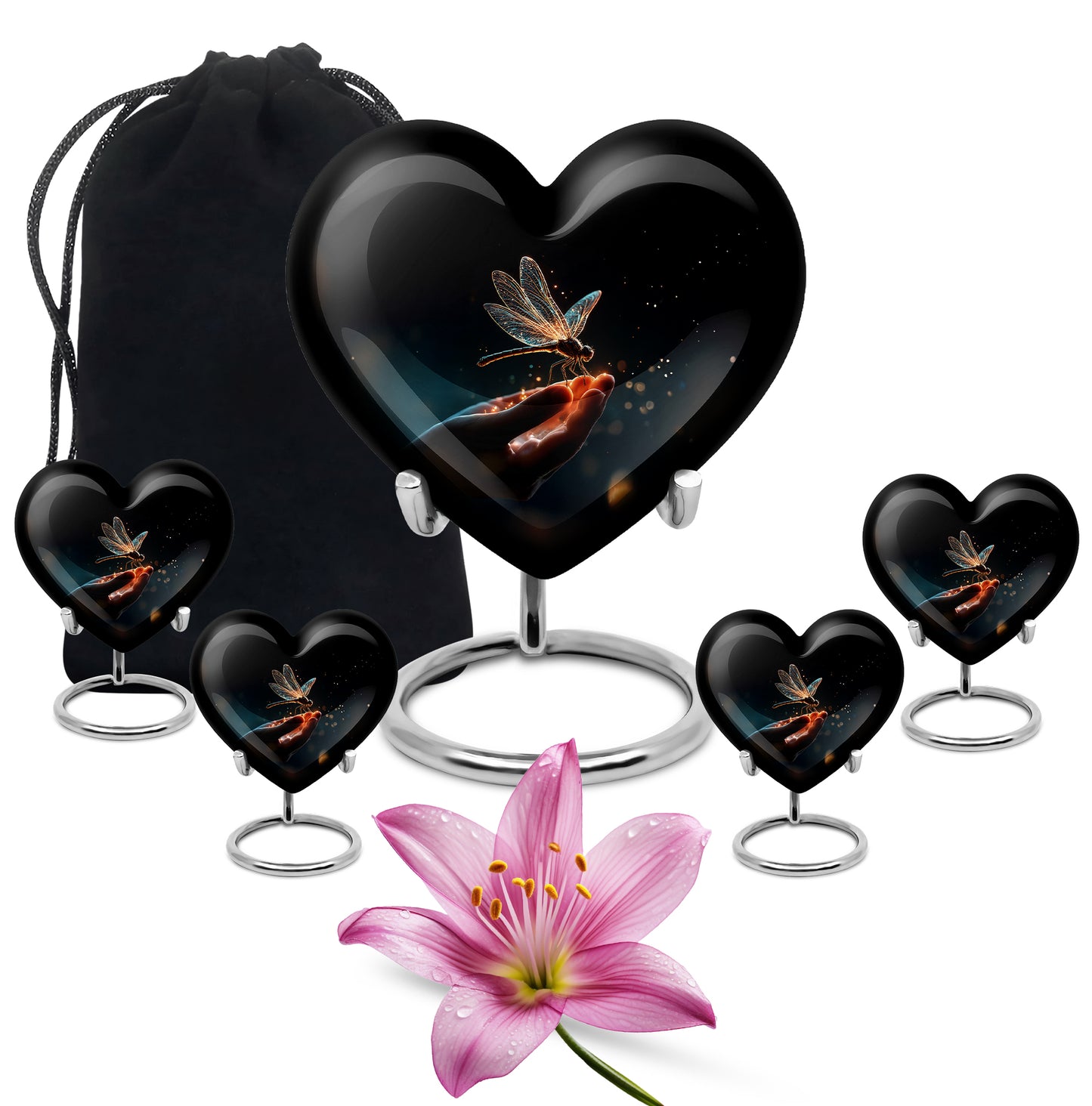 Rich Black Dragonfly Cremation Urn close-up of engraving and surface detail - heart-shaped dragonfly design symbolizing eternal love - memorial set with one large and four small urns