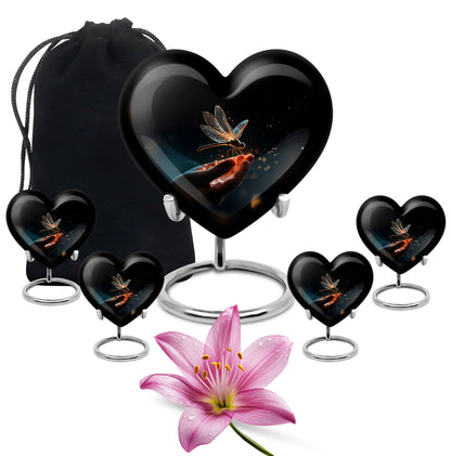Rich Black Dragonfly Cremation Urn close-up of engraving and surface detail - heart-shaped dragonfly design symbolizing eternal love - memorial set with one large and four small urns