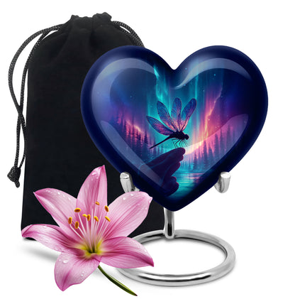 Sky Blue Dragonfly Cremation Urn detail view - loving heart memorial featuring dragonfly pattern - full-size 10 inch 200 cubic inch adult cremation urn