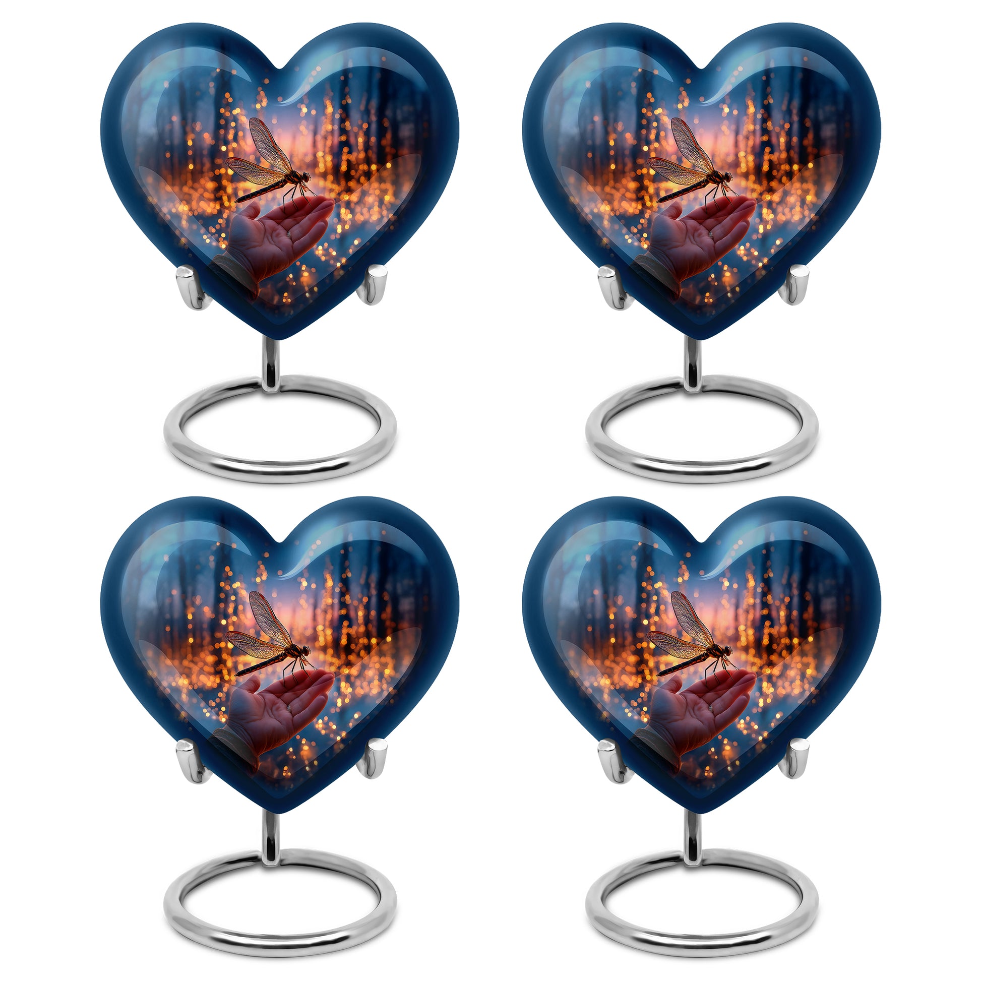 Azure Dragonfly Cremation Urn angled view of lid and engraved motif - heart-shaped dragonfly design symbolizing eternal love - 10 inch aluminum urn for cremated remains