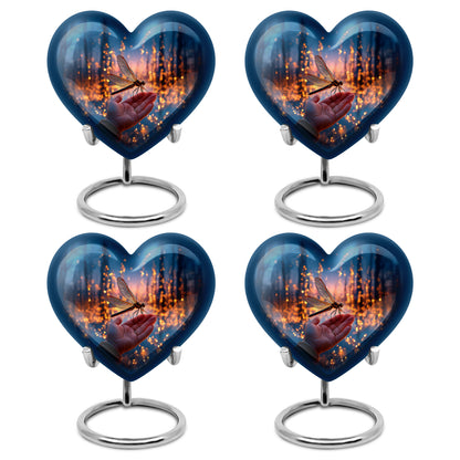 Azure Dragonfly Cremation Urn angled view of lid and engraved motif - heart-shaped dragonfly design symbolizing eternal love - 10 inch aluminum urn for cremated remains