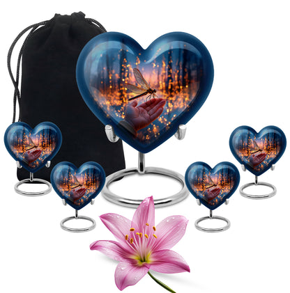 Azure Dragonfly Cremation Urn close-up of engraving and surface detail - heart-shaped dragonfly design symbolizing eternal love - memorial set with one large and four small urns