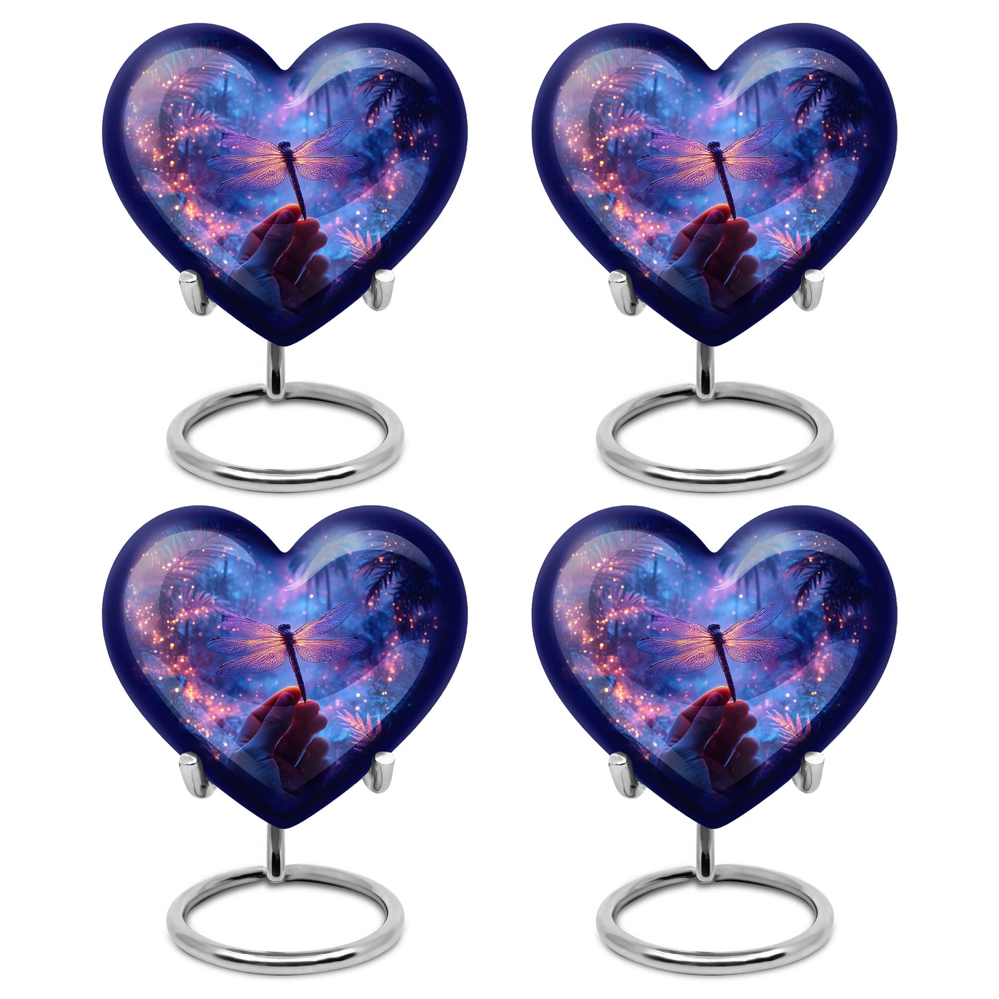 Sapphire Blue Dragonfly Cremation Urn angled view of lid and engraved motif - compassionate heart-dragonfly combination with gentle curves - 10 inch aluminum urn for cremated remains