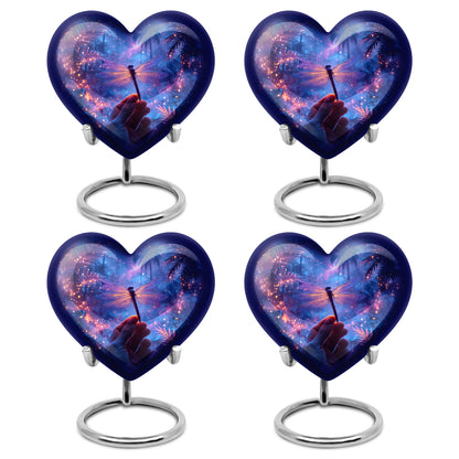 Sapphire Blue Dragonfly Cremation Urn angled view of lid and engraved motif - compassionate heart-dragonfly combination with gentle curves - 10 inch aluminum urn for cremated remains