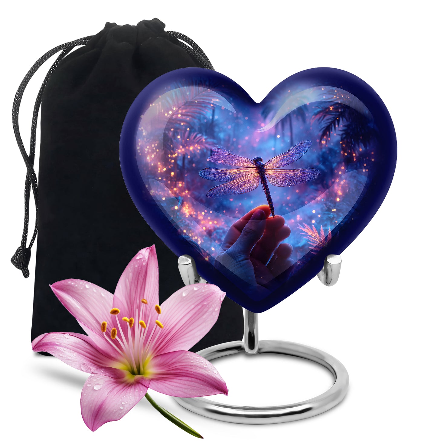 Sky Blue Dragonfly Cremation Urn detail view - loving heart memorial featuring dragonfly pattern - full-size 10 inch 200 cubic inch adult cremation urn