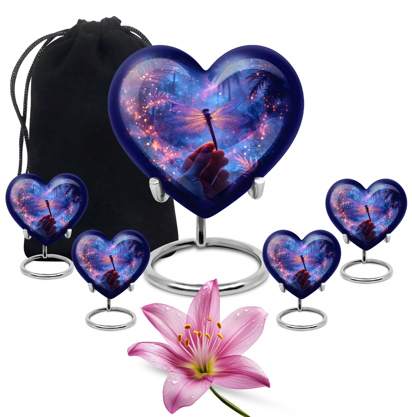 Cornflower Blue Dragonfly Cremation Urn close-up of engraving and surface detail - romantic heart urn with dragonfly motif on aluminum - memorial set with one large and four small urns