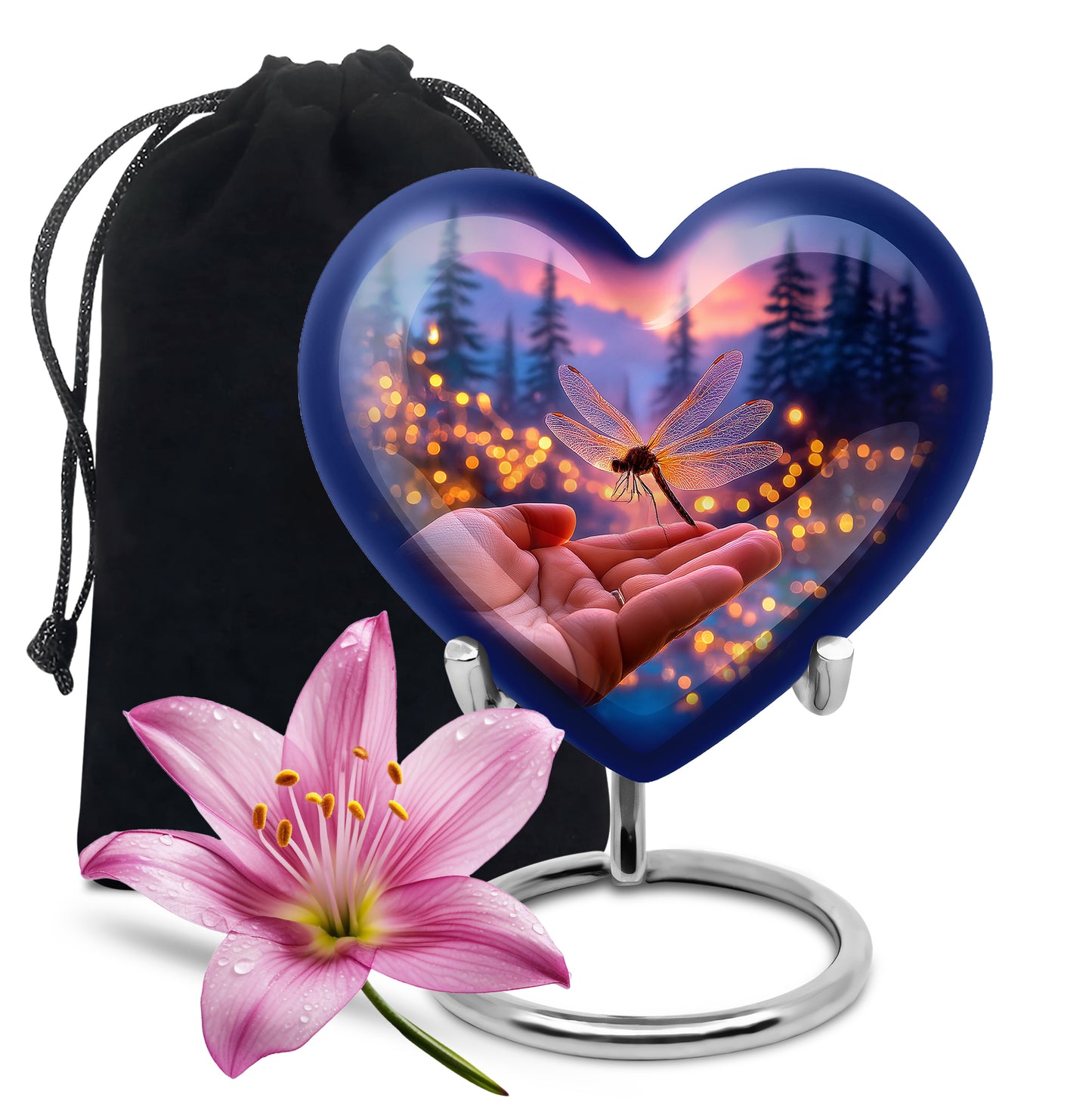 Twilight Blue Dragonfly Cremation Urn detail view - compassionate heart-dragonfly combination with gentle curves - full-size 10 inch 200 cubic inch adult cremation urn