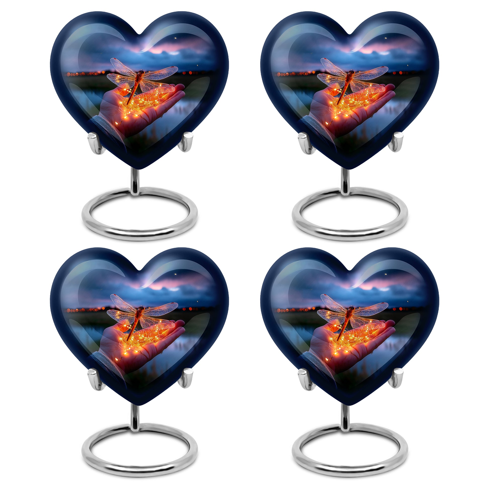 Twilight Blue Dragonfly Cremation Urn angled view of lid and engraved motif - romantic heart urn with dragonfly motif on aluminum - 10 inch aluminum urn for cremated remains