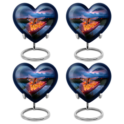 Twilight Blue Dragonfly Cremation Urn angled view of lid and engraved motif - romantic heart urn with dragonfly motif on aluminum - 10 inch aluminum urn for cremated remains