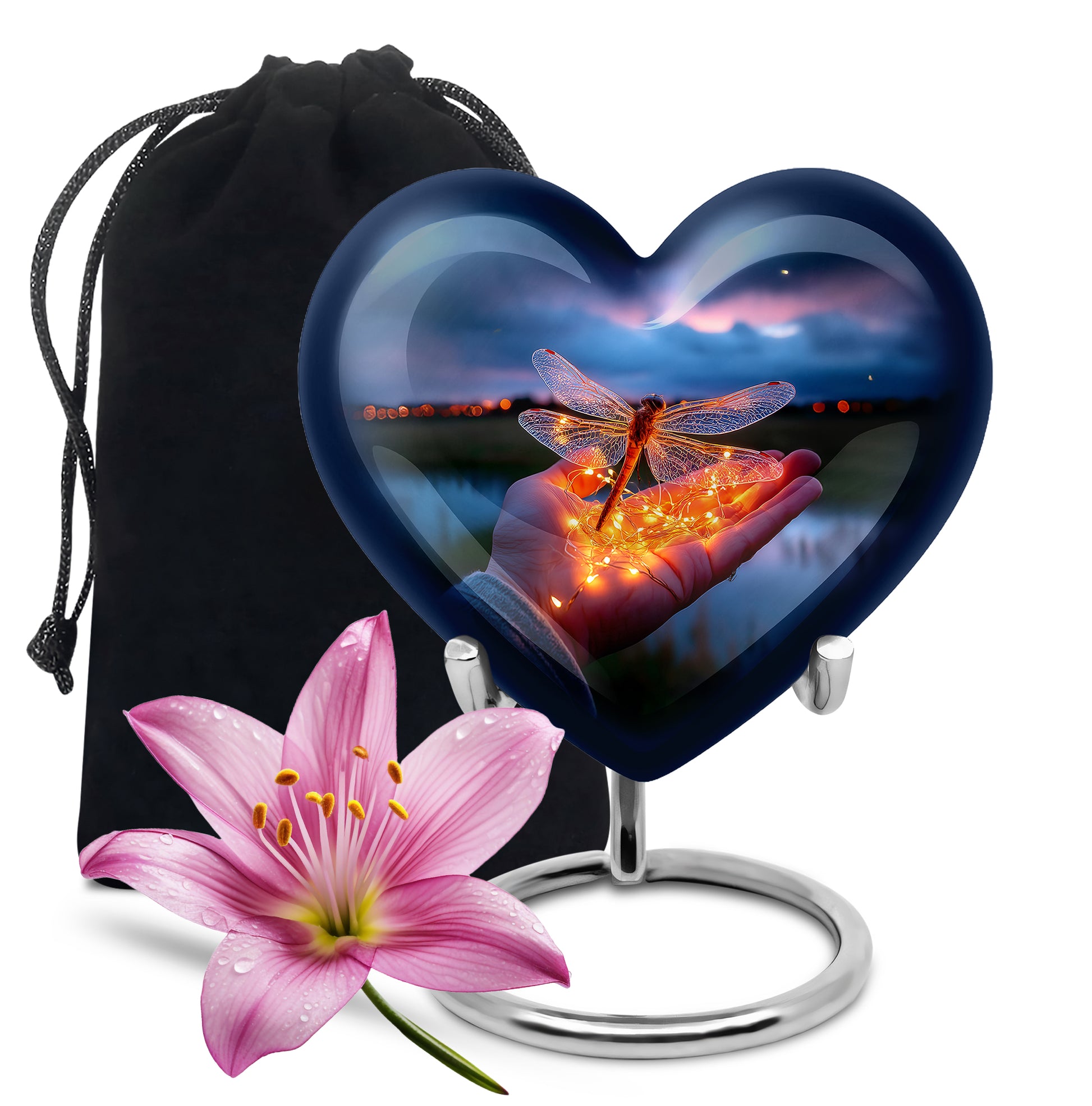 Navy Blue Dragonfly Cremation Urn detail view - heart-shaped dragonfly design symbolizing eternal love - full-size 10 inch 200 cubic inch adult cremation urn