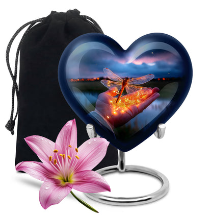 Navy Blue Dragonfly Cremation Urn detail view - heart-shaped dragonfly design symbolizing eternal love - full-size 10 inch 200 cubic inch adult cremation urn
