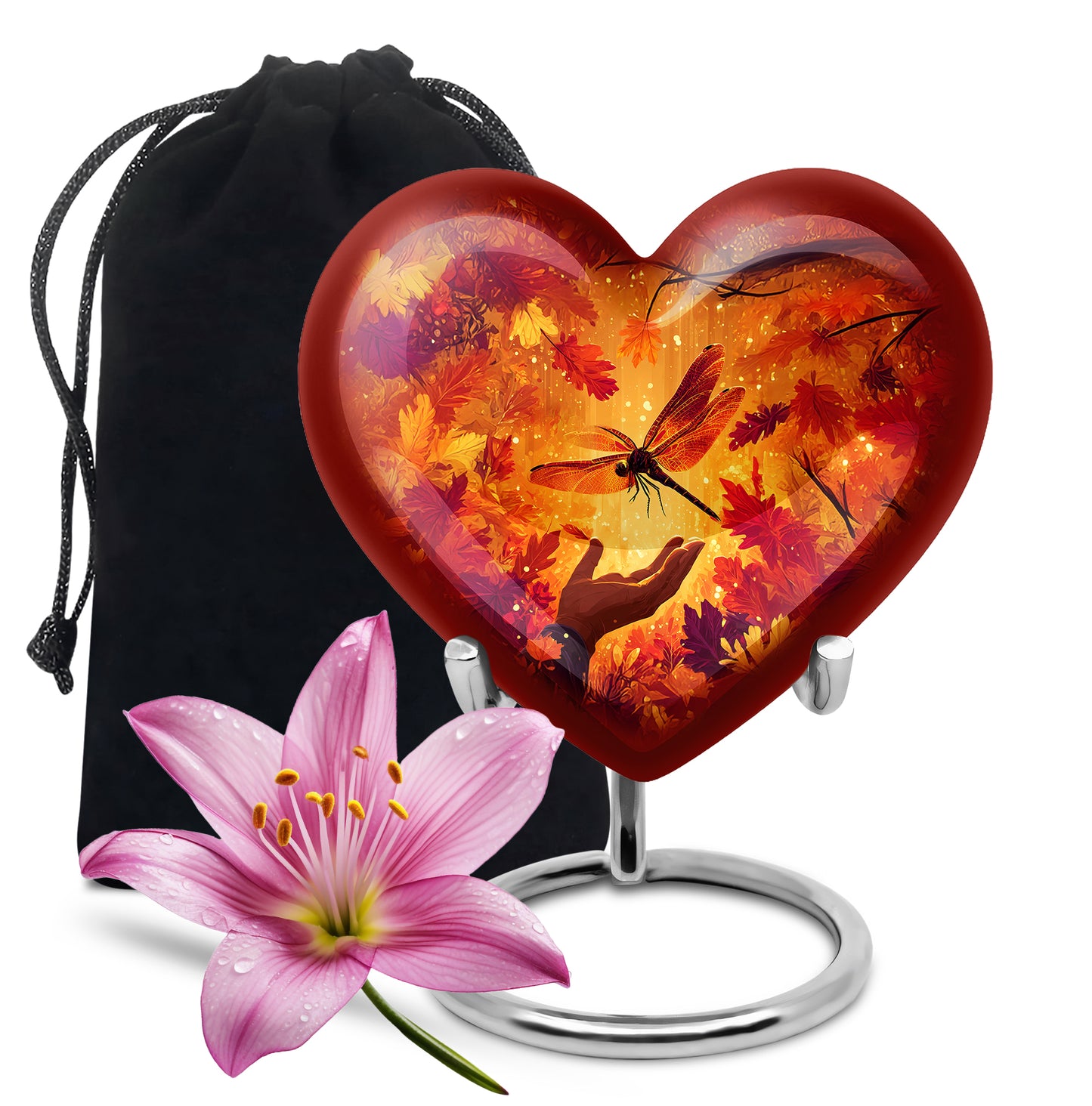 Royal Gold Dragonfly Cremation Urn detail view - romantic heart urn with dragonfly motif on aluminum - full-size 10 inch 200 cubic inch adult cremation urn