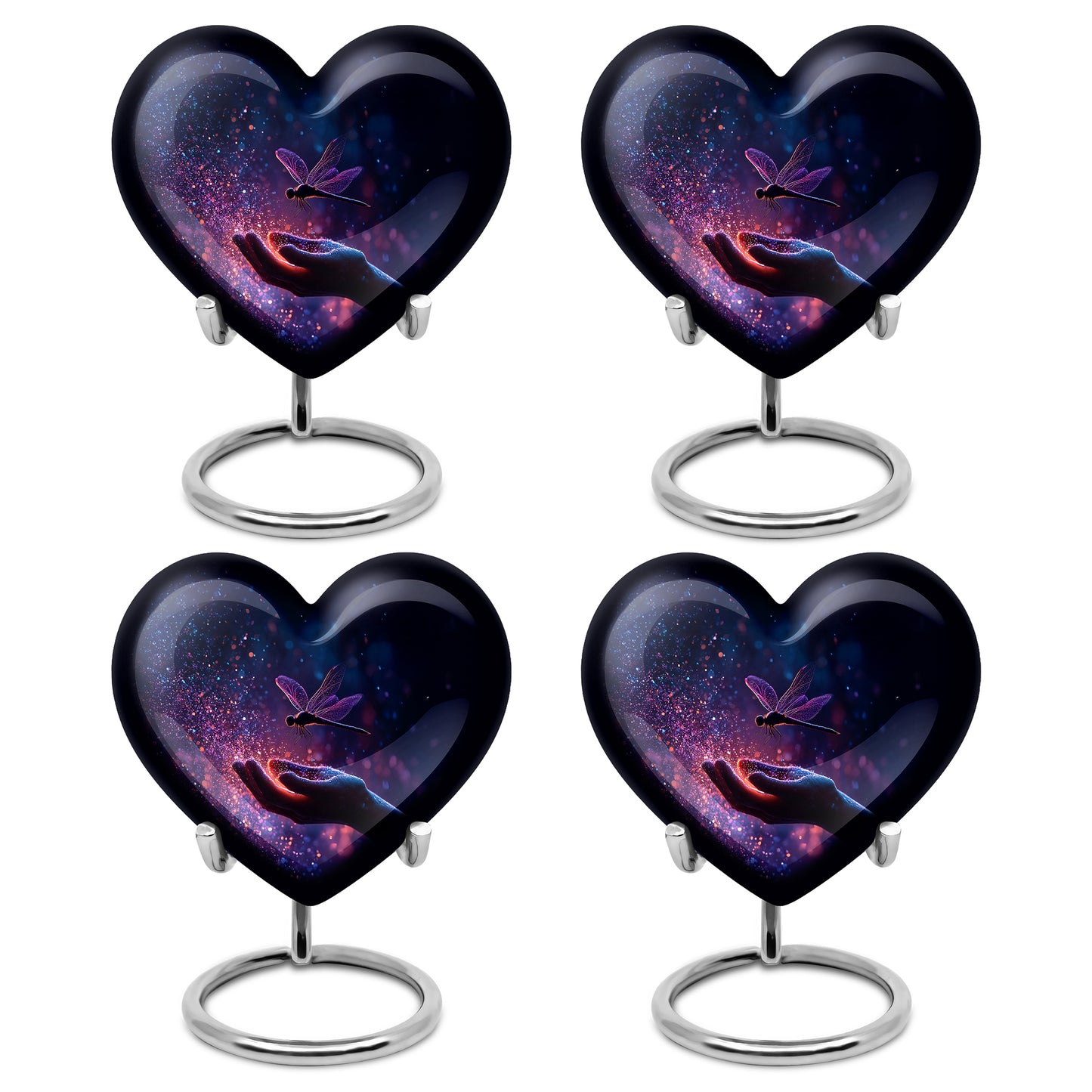 Royal Blue Dragonfly Cremation Urn angled view of lid and engraved motif - romantic heart urn with dragonfly motif on aluminum - 10 inch aluminum urn for cremated remains