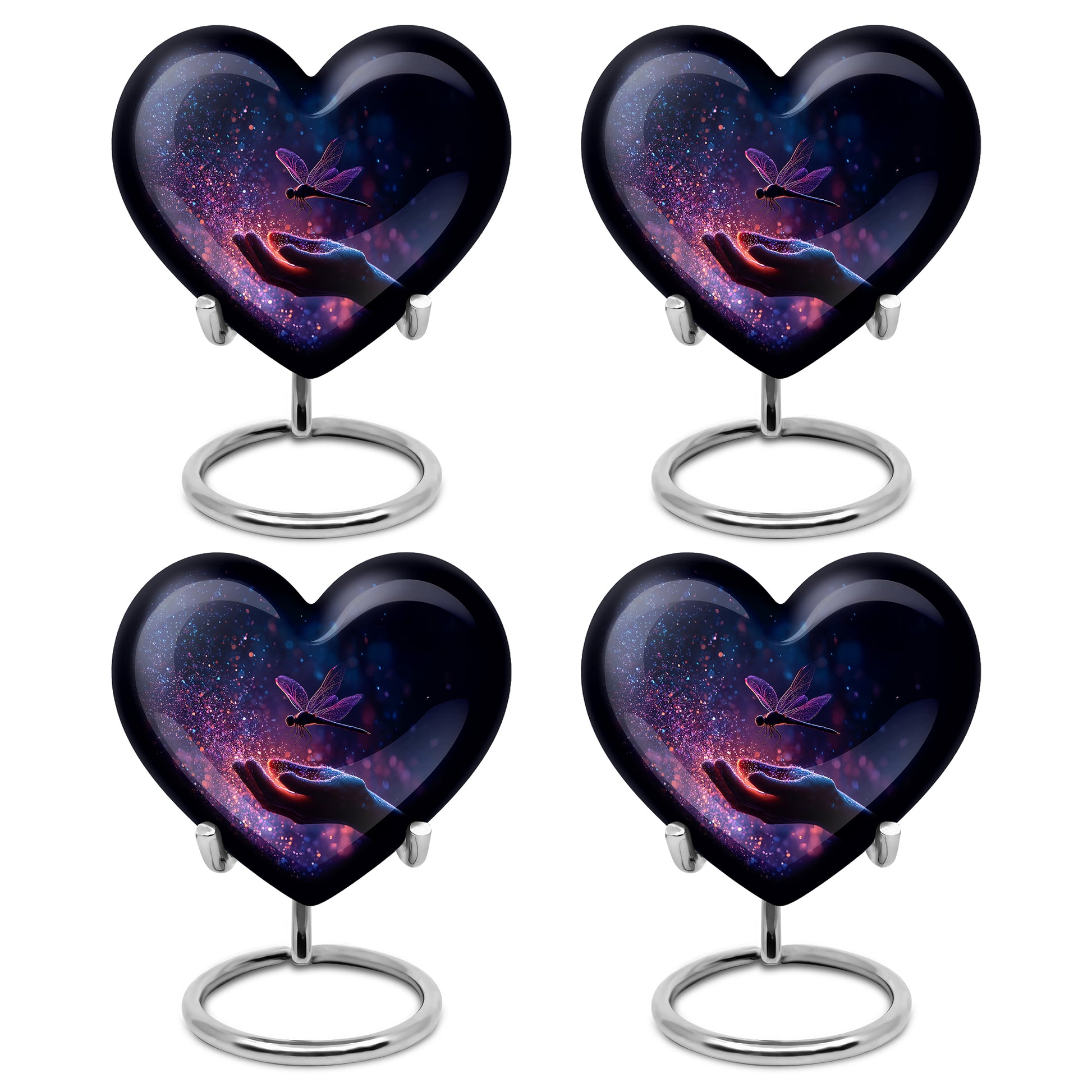 Royal Blue Dragonfly Cremation Urn angled view of lid and engraved motif - romantic heart urn with dragonfly motif on aluminum - 10 inch aluminum urn for cremated remains
