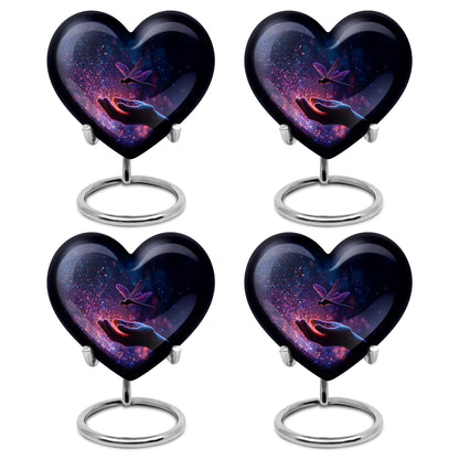 Royal Blue Dragonfly Cremation Urn angled view of lid and engraved motif - romantic heart urn with dragonfly motif on aluminum - 10 inch aluminum urn for cremated remains