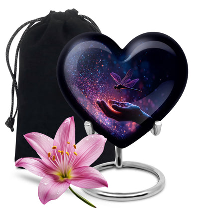 Indigo Dragonfly Cremation Urn detail view - loving heart memorial featuring dragonfly pattern - full-size 10 inch 200 cubic inch adult cremation urn