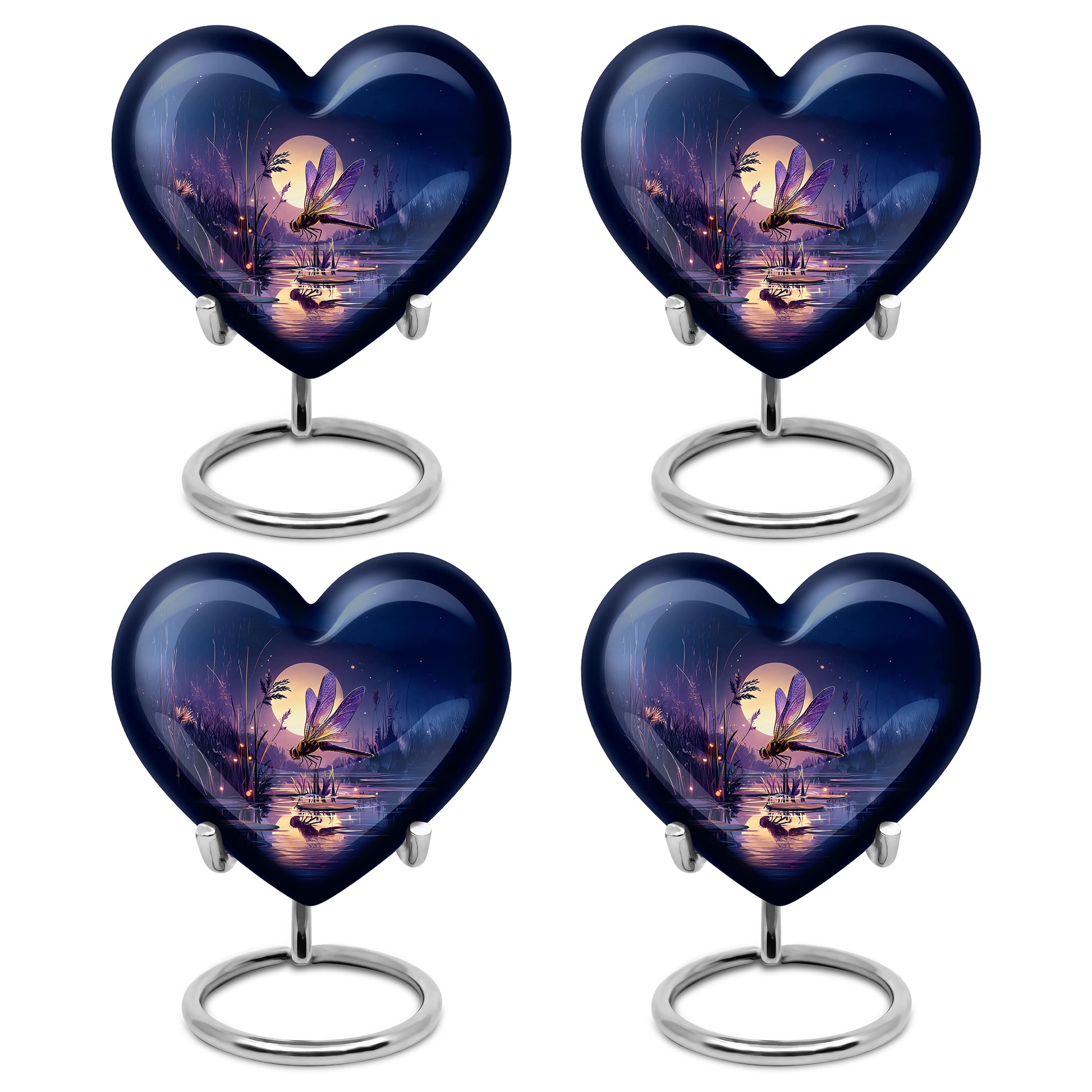 Royal Blue Dragonfly Cremation Urn angled view of lid and engraved motif - romantic heart urn with dragonfly motif on aluminum - 10 inch aluminum urn for cremated remains