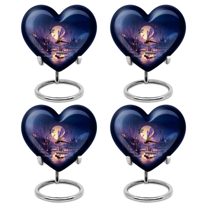 Royal Blue Dragonfly Cremation Urn angled view of lid and engraved motif - romantic heart urn with dragonfly motif on aluminum - 10 inch aluminum urn for cremated remains