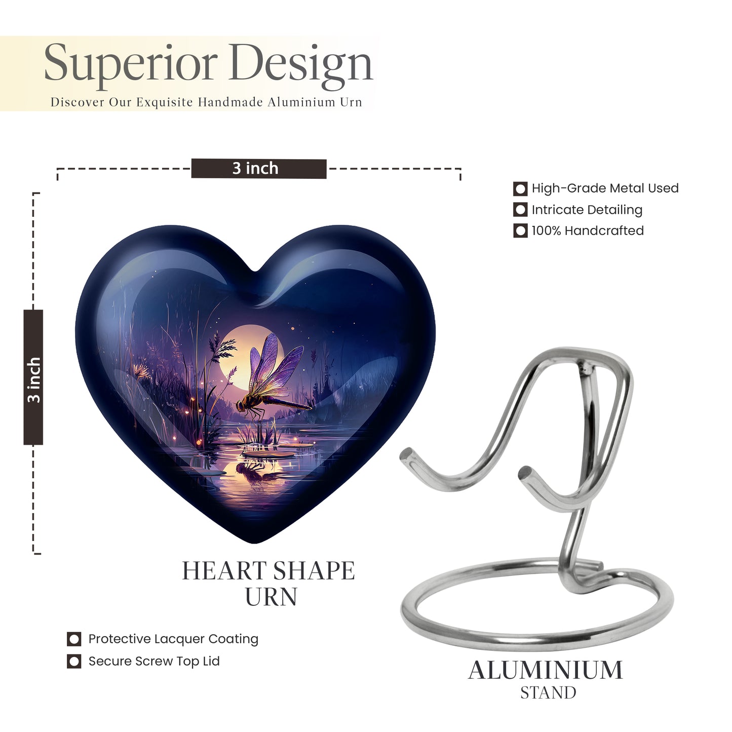 Navy Blue Dragonfly Cremation Urn front view showing detailed design - heart-shaped dragonfly design symbolizing eternal love - mini keepsake memorial for portion of cremation ashes